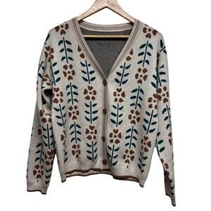 Botanical Floral Knit Cardigan Sweater Button Front Beige Green Size M